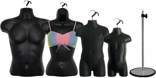 Miniatura 11 de 4 formas de maniquí negro con soportes de metal - Juego de maniquíes colgantes de torso largo para hombre, mujer, niño y bebé con cadera