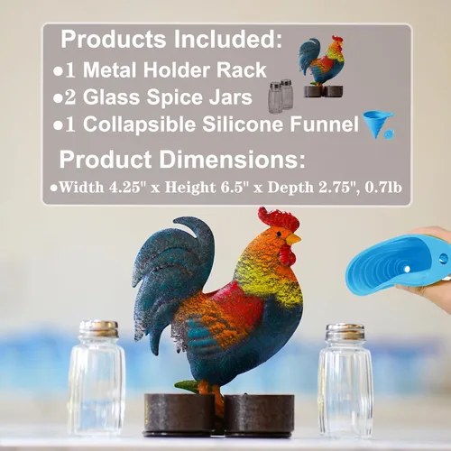Miniatura 6 de Juego de salero y pimienta con diseño de gallo - Dos saleros de vidrio con tapas, soporte vintage de metal con diseño de gallo para especias