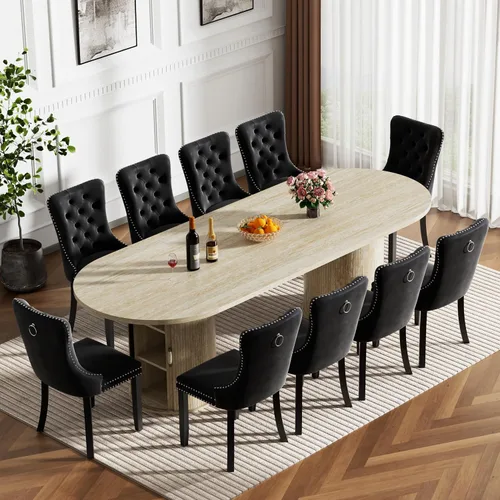 Miniatura 28 de Mesa de comedor redonda extensible con base de almacenamiento, mesa de comedor expandible natural de 63 a 94 pulgadas para 10 personas, mesa