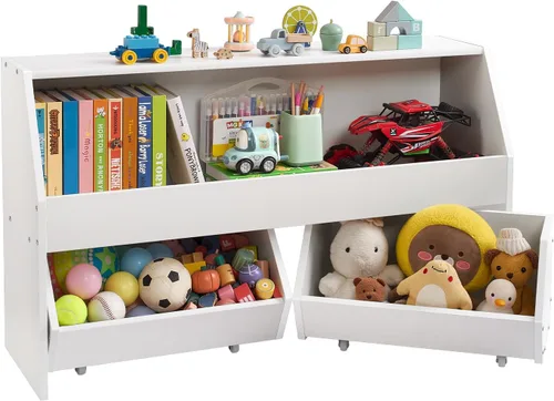 Miniatura 10 de VEVOR Cubo de almacenamiento de madera para niños, organizador de almacenamiento de juguetes con estantería, gabinete de almacenamiento de juguetes