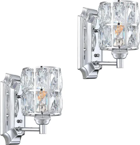 Miniatura 23 de Paquete de 2 lámparas de pared de cristal con acabado champán, lámpara de pared de estilo conciso moderno, pantalla de cristal poliédrico para baño