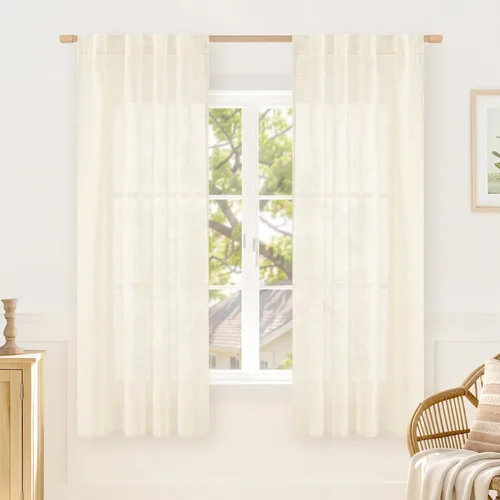 Miniatura 18 de LAMIT Cortinas de lino beige de 30 pulgadas de largo para ventanas pequeñas, cortinas semitransparentes filtrantes de luz, pestaña trasera