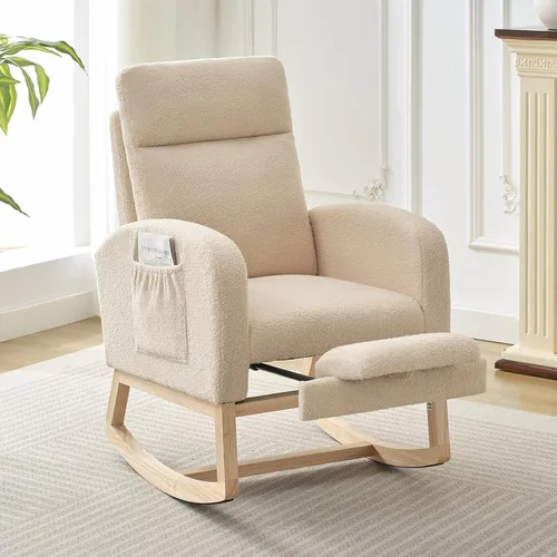 Mecedora con reposapiés, sillón reclinable con respaldo alto, patas de madera y bolsillo lateral para sala de estar, dormitorio, color beige