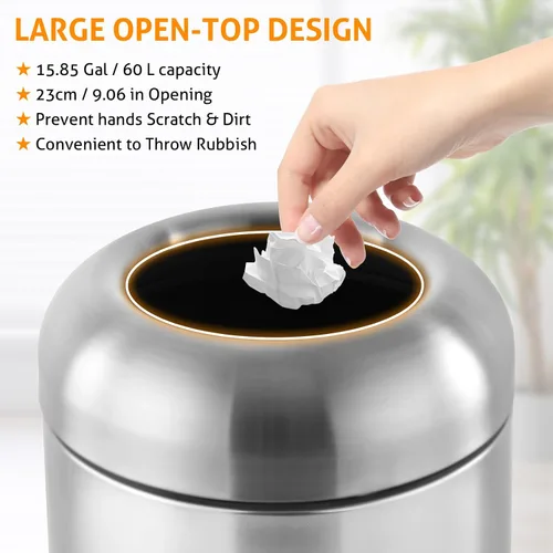 Miniatura 5 de WICHEMI - Cubo de basura comercial grande de 16 galones, cubo de basura para exteriores con tapa superior abierta para patio, cubo de basura