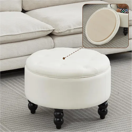 Miniatura 7 de Otomana redonda de tela de 24 pulgadas con almacenamiento, moderna mesa de centro otomana tapizada con botones capitoné con tapa de bandeja