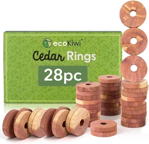 ecoKiwi Bloques de cedro para almacenamiento de ropa, paquete de 28 anillos de cedro, cedro aromático 100% natural para armarios y cajones, chips
