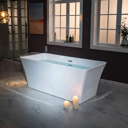 Miniatura 4 de WOODBRIDGE Drenaje y desbordamiento de bañera de remojo acílico blanco independiente de 59 pulgadas, BTA1509-B/N-Drain &O, con secado de níquel