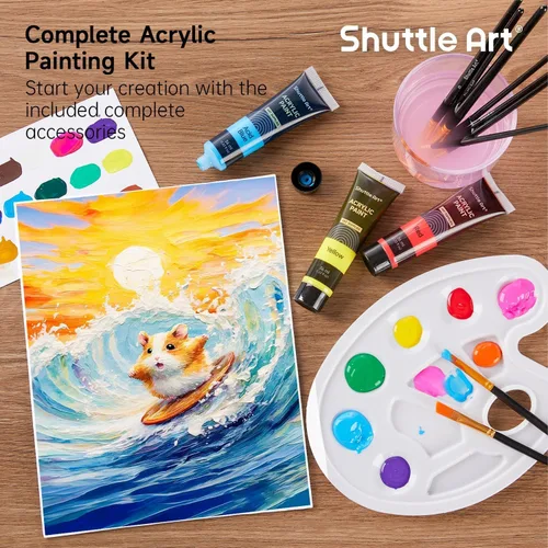 Miniatura 5 de Juego de pintura acrílica de 30 colores Shuttle Art, tubos de 36 ml con 3 pinceles, pintura acrílica de grado artista, para niños, adultos