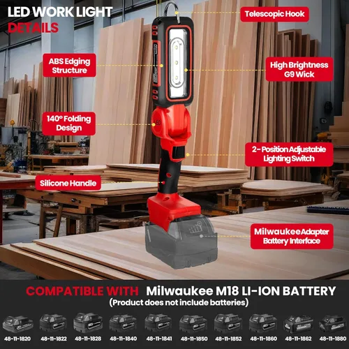 Miniatura 3 de Luz de trabajo LED inalámbrica para batería Milwaukee M18 MAX, dos niveles ajustables hasta 1000 lúmenes con protección de bajo voltaje, iluminación