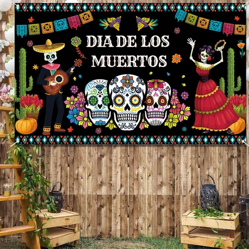 Miniatura 6 de Decoraciones del Día de los Muertos, telón de fondo de pancarta del día de los muertos, fondo de fotografía de flores de calavera de azúcar