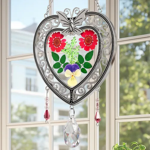 Miniatura 2 de KY&BOSAM Atrapasoles de cristal con forma de corazón, árbol de la vida, paneles de vitrales, colgantes de flores reales para ventanas, hogar