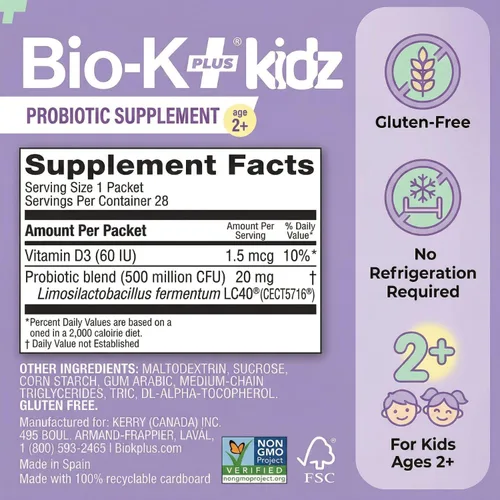 Miniatura 8 de Bio-K+ Kidz - Polvo probiótico para niños con vitamina D3, estable en el estante, sin OMG, sin gluten, 28 paquetes de una sola porción