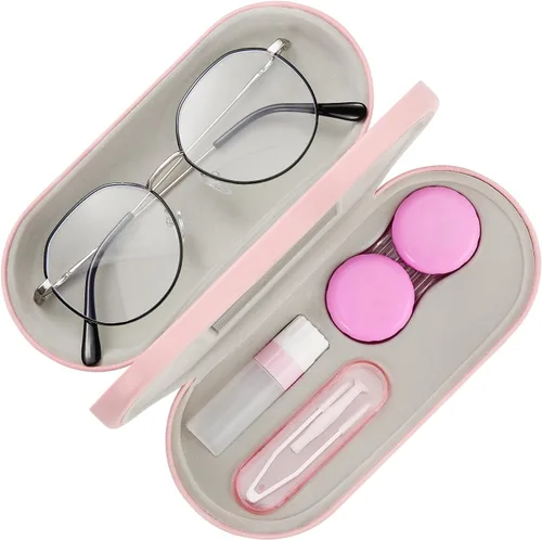 MoKo Estuche Doble para Anteojos, Estuche para Lentes de Contacto con Pinzas Removedoras con Espejo, 2 en 1 Caja Portátil de Doble Cara para Lentes
