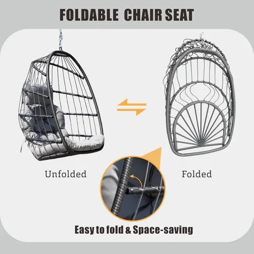 Miniatura 7 de FREDEES Silla colgante con forma de huevo con soporte, silla colgante de exterior con cojín para patio/porche/balcón/interior (Gris claro)