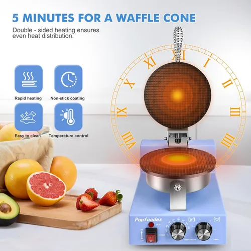 Miniatura 3 de Máquina comercial para hacer conos de gofres – Máquina comercial de cono de helado de 1200 W con sartén antiadherente de 8 pulgadas y temperatura