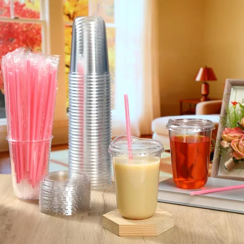 Miniatura 2 de Ziliny Juego de 25 vasos de plástico transparente con pajitas rosas en forma de corazón y tapas sin popote, vasos desechables para mascotas de fondo