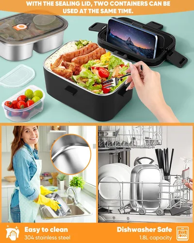 Miniatura 5 de Eocolz Fiambrera eléctrica calentador de alimentos de 100 W, calentador de alimentos con doble contenedor, 1.8 L, lonchera portátil con calefacción