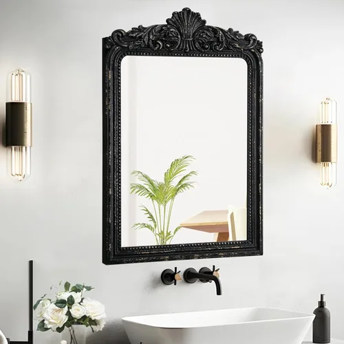 Miniatura 5 de Espejo vintage negro para tocador de 24 x 36 pulgadas, para colgar en la pared, espejos góticos de madera envejecida con detalles de cuentas, espejo