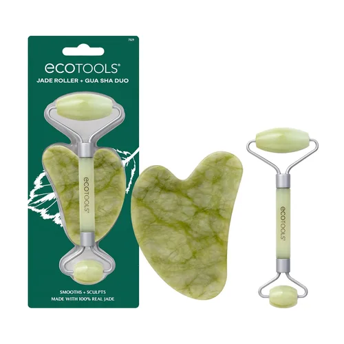 EcoTools Herramienta de belleza para el cuidado de la piel, rodillo facial de jade y duo de piedra Gua Sha, rodillo facial y masajeador,