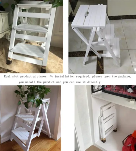 Miniatura 4 de Escalera plegable multifuncional, plegable de madera maciza, taburete para el hogar, multicolor, escalera plegable, color blanco, tres