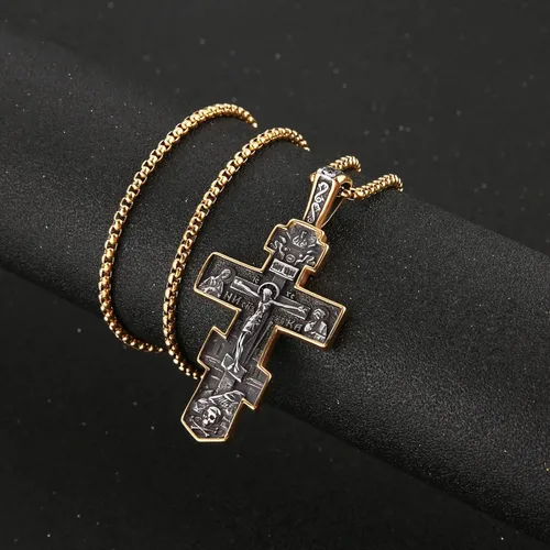 Miniatura 2 de HZMAN Collar de cruz ortodoxa oriental para hombres y mujeres, retro, religioso, Jesús, crucifijo bizantino, cruz bizantina, colgante cristiano