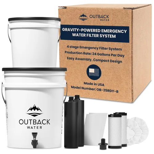 Outback Water - Sistema de filtro de agua potable de emergencia, cubo alimentado por gravedad, filtración de agua potable para supervivencia, fuera
