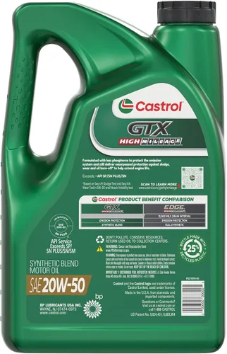 Miniatura 3 de Castrol GTX High Mileage 20W-50 Aceite de Motor de Mezcla Sintética, 5 Cuartos