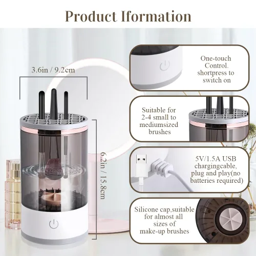Miniatura 2 de Abnaok - Limpiador eléctrico de brochas de maquillaje, máquina limpiadora de brochas de maquillaje con tapete de limpieza de cepillo, limpiador