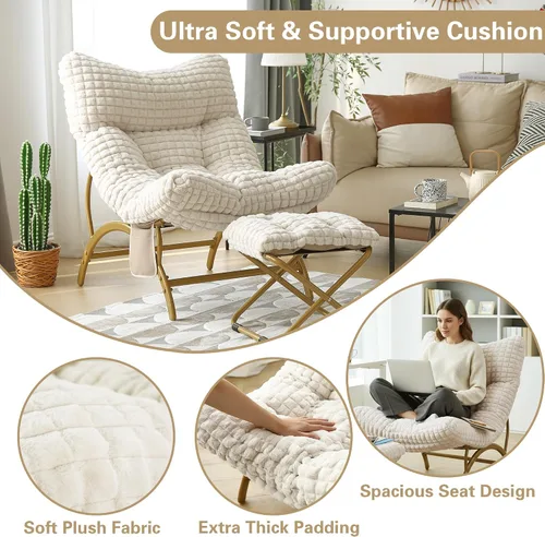 Miniatura 4 de Welnow Silla perezosa beige con otomana, silla de lectura de gran tamaño para adultos, silla de descanso acolchada suave para sala de estar