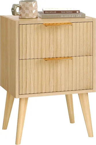Miniatura 13 de YAUKOMEL Mesita de noche negra, mesita de noche moderna de mediados de siglo, mesita de noche acanalada con 2 cajones, mesa auxiliar con patas