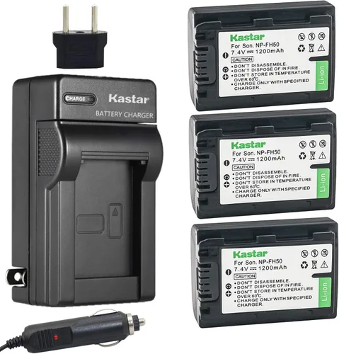 Kastar Batería NP-FH50 (paquete de 3) y kit de cargador para Sony DSLR-A230 DSLR-A330 DSLR-A290 DSLR-A380 DSLR-A390 HDR-TG1E HDR-TG3 HDR-TG5/5V