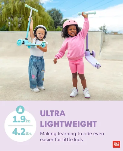 Miniatura 5 de BOLDCUBE Teeny Patinete de 3 ruedas color menta para niños y niñas de 3 a 6 años Ruedas intermitentes Altura ajustable de 53 a 70 cm Mi Lila