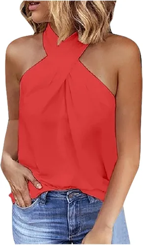 Ceboyel Camisetas de verano sexy con tirantes cruzados para mujer, con cuello halter, sin mangas, camisa, moderna, elegante, trajes de fiesta 2023