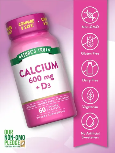 Miniatura 3 de Nature's Truth Calcio 600 mg con vitamina D3 Comprimidos recubiertos Carbonato de calcio Suplemento vegetariano, sin OMG y sin gluten