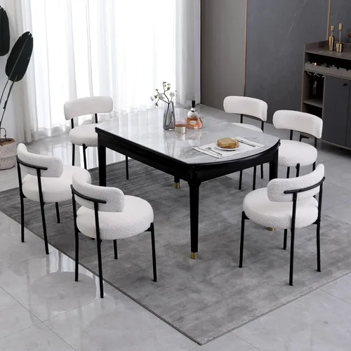 Miniatura 15 de Juego de 2 sillas de comedor negras redondas tapizadas de bouclé para el comedor, sillas de cocina modernas de mediados de siglo con respaldo curvo