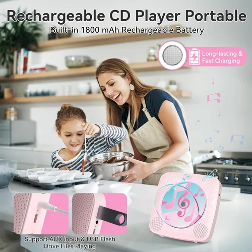Miniatura 6 de Reproductor de CD portátil Bluetooth recargable: reproductores de CD para el hogar Kegaudio 1800mAh reproductor de CD de pared de escritorio con Rosa