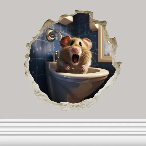 Miniatura 14 de Mouse de fútbol en el inodoro en el agujero del ratón, calcomanía de pared 3D, decoración del hogar de dibujos animados, arte de vinilo, estantería