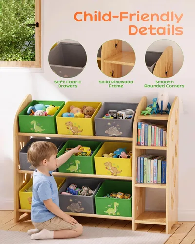 Miniatura 5 de Organizador de almacenamiento de juguetes con 3 estantes y 9 contenedores, estantería de dinosaurio verde para niños, sala de juegos, estante