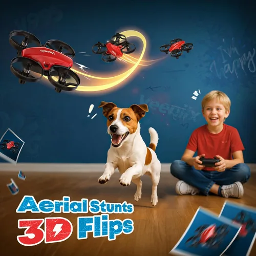 Miniatura 2 de Veeniix V995 Mini dron rojo para niños y principiantes, cuadricóptero de control remoto para interiores con giros en 3D, rotación de 360°, vuelo