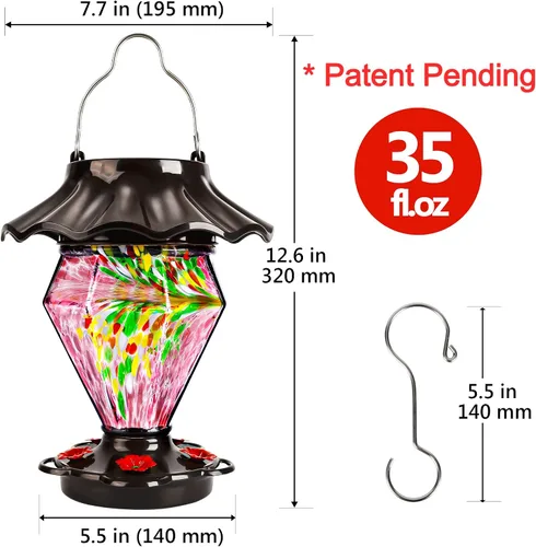 Miniatura 6 de LUJII Alimentador solar para colibríes que cambia de color para colgar en exteriores, depósito de vidrio soplado a mano, 35 onzas líquidas, nunca