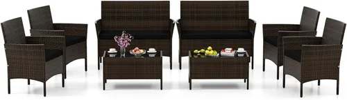 Miniatura 17 de HAPPYGRILL Juego de 4 muebles de mimbre para exteriores, juego de muebles de mimbre para patio con sillas de dos plazas y mesa de café de vidrio