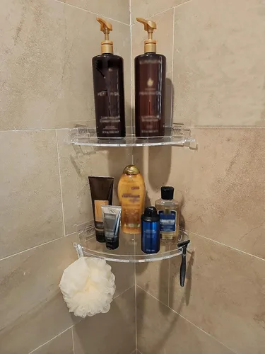 Miniatura 5 de JiePai Estante esquinero de acrílico para ducha con ganchos, paquete de 2, organizador adhesivo de ducha de baño montado en la pared