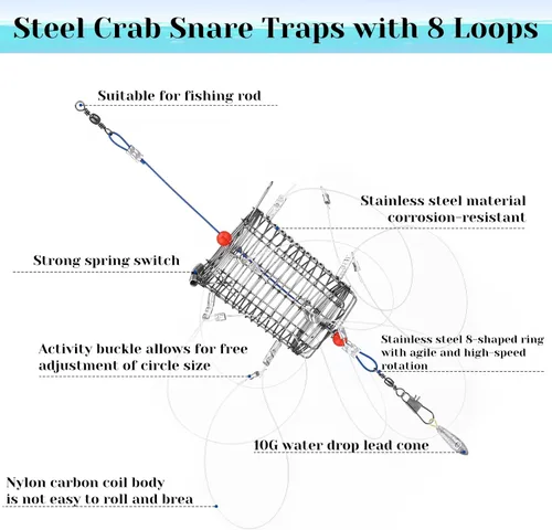 Miniatura 3 de Paquete de 4 trampas para cangrejos de 8 bucles con calibre de cangrejo de acero inoxidable, trampas cilíndricas para caña de pescar, atrapa