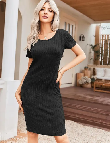 Miniatura 3 de Ekouaer Vestido de maternidad de punto acanalado, manga corta, ajustado, casual, elástico, ropa de embarazo S-XXL