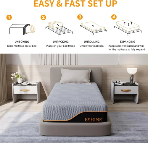 Miniatura 7 de ESHINE Colchón Twin XL de 14 pulgadas, espuma viscoelástica de gel refrescante fabricada en Estados Unidos, infusionado con té verde para alivio