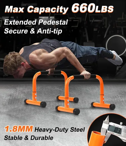 Miniatura 3 de Barra de empuje hacia arriba, barras de paraletas antideslizantes de 12 pulgadas de alto y barras de inmersión con asas de espuma, equipo de Naranja
