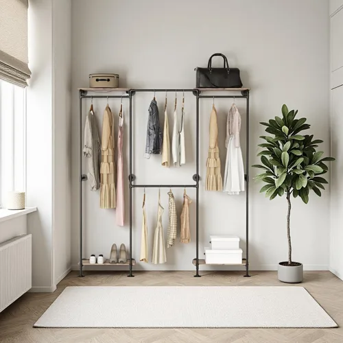 Miniatura 7 de KaKaBB Perchero industrial de tubería, perchero de pared para colgar ropa, perchero de esquina ajustable en forma de L con estantes, sistema de Negro