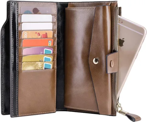 Miniatura 17 de Itslife - Cartera de piel sintética encerada para mujer con bloqueo de identificación de radio frecuencia (RFID), de gran capacidad, encerada