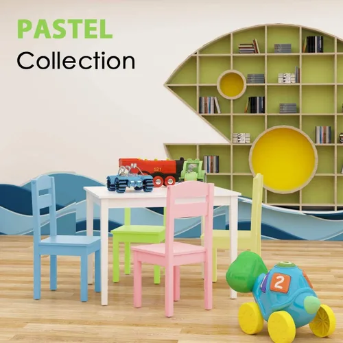 Miniatura 6 de LDAILY Moccha - Juego de sillas de mesa de madera para niños, mesa colorida y 4 sillas con respaldo, mesa de comedor para niños, juego de sillas