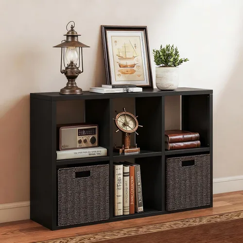 Miniatura 29 de Organizador de almacenamiento vertical de 2 cubos de metal, estantería corta negra con espalda abierta, estante de almacenamiento de cubo pequeño